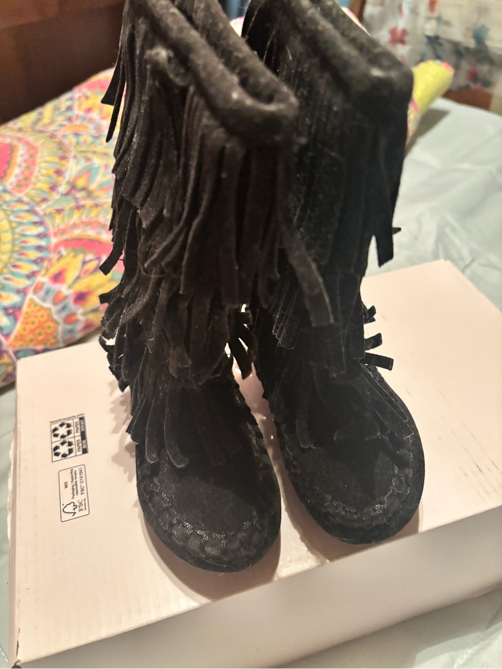 Kids Black Fringe Suede Boots